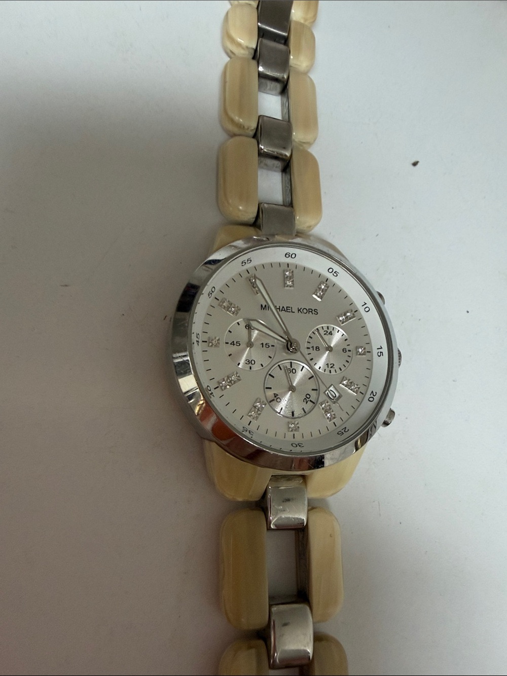 Michael Kors Women’s  Cream and Silver Chronograph Bracelet Watch-Needs battery